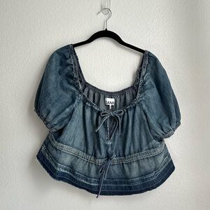 GANNI Denim Puff-Sleeve Top